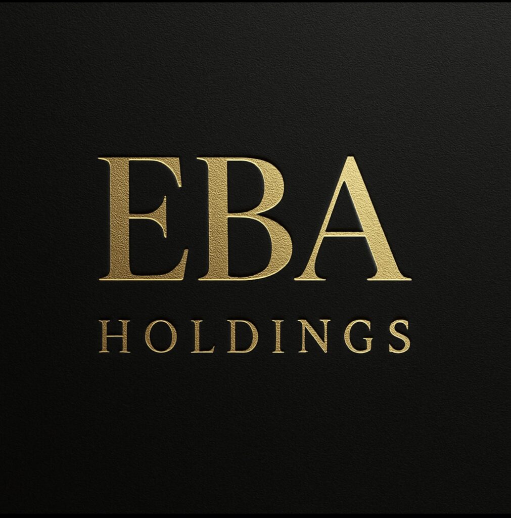 EBA Holdings logo-gold serif text on black leather background representing luxury hospitality brand
