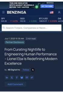 Screenshot of Lionel Eba's Benzinga press feature titled "From Curating Nightlife to Engineering Human Performance
