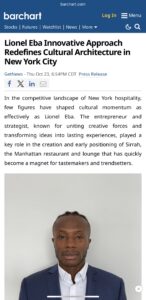 Lionel Eba featured in BarChart article about redefining cultural architecture and hospitality innovation in New York City.